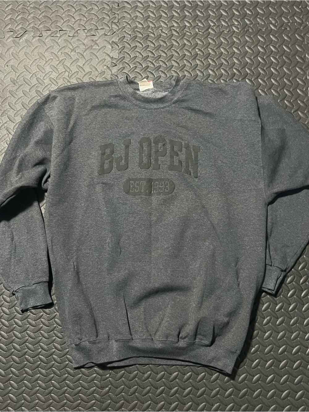 Champion Dark Gray Men's Crewneck Sweatshirt with 'BJ OPEN' Design